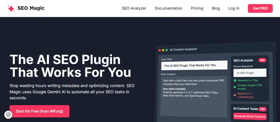 Interfaz de usuario del plugin SEO Magic mostrando una herramienta de asistente de contenido con IA y análisis SEO.