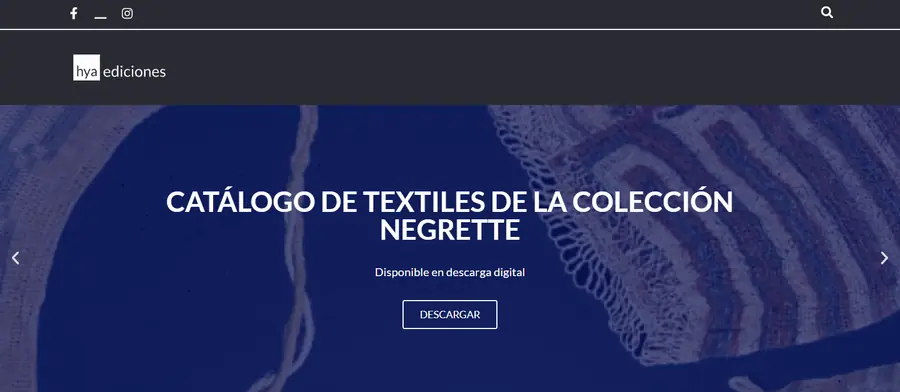 Banner promocional de hya ediciones presentando el catálogo de textiles de la Colección Negrette con botón de descarga.