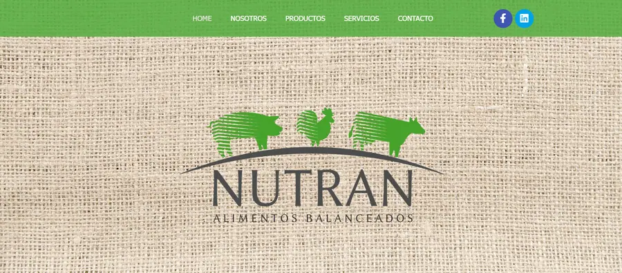 Logo de Nutran Alimentos Balanceados con iconos de animales sobre fondo de textura de arpillera.