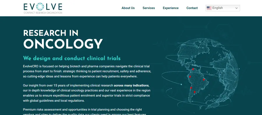 Página de inicio de EvolveCRO destacando investigación en oncología y un globo terráqueo digital con puntos rojos.