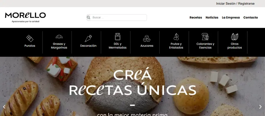 Página principal de Morello con categorías de insumos de panadería y el lema Creá recetas únicas.