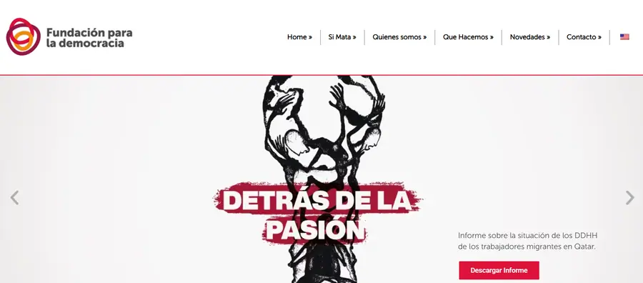 Página de Fundación para la democracia con banner Detrás de la pasión sobre derechos humanos en Qatar.