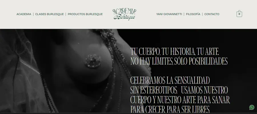 Encabezado web de la Academia de Burlesque con menú de navegación y mensaje sobre arte y sensualidad.