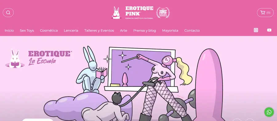 Menú superior y banner ilustrado del sitio web Erotique Pink en tonos rosas y violetas.
