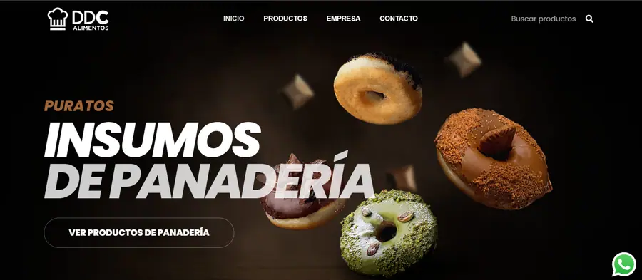 Banner publicitario de DDC Alimentos con donas surtidas flotando y texto sobre insumos de panadería de Puratos.