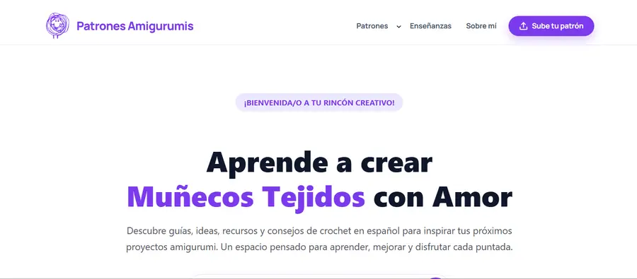 Página de inicio de Patrones Amigurumis con el lema Aprende a crear Muñecos Tejidos con Amor.