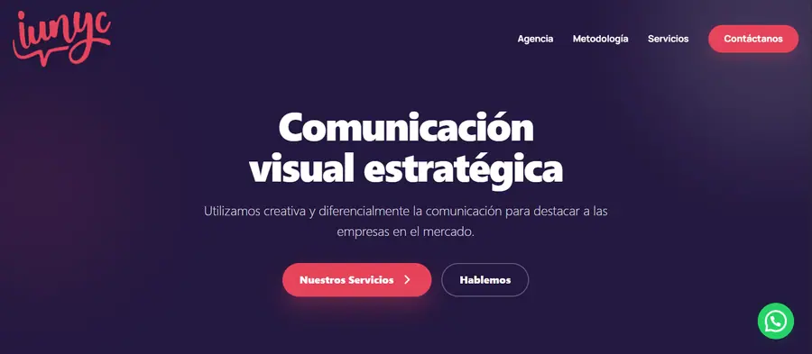 Sitio web de iunyc con el eslogan Comunicación visual estratégica y botones de navegación sobre fondo oscuro.